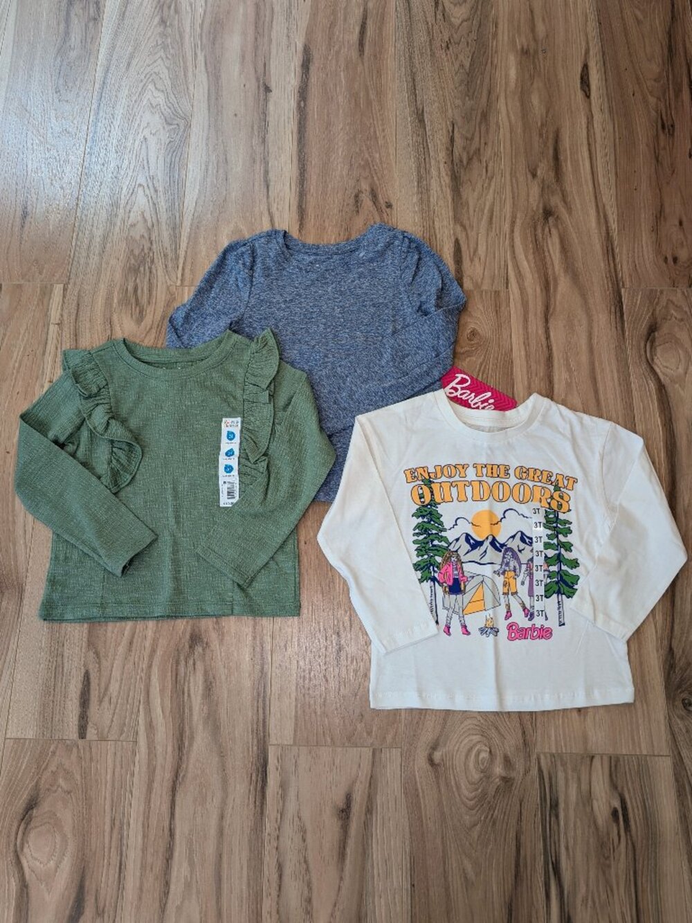 Toddler Girls 3T/4T Bundle of 3 Long Sleeve Shirts, NWT, Green, Blue, and Barbie